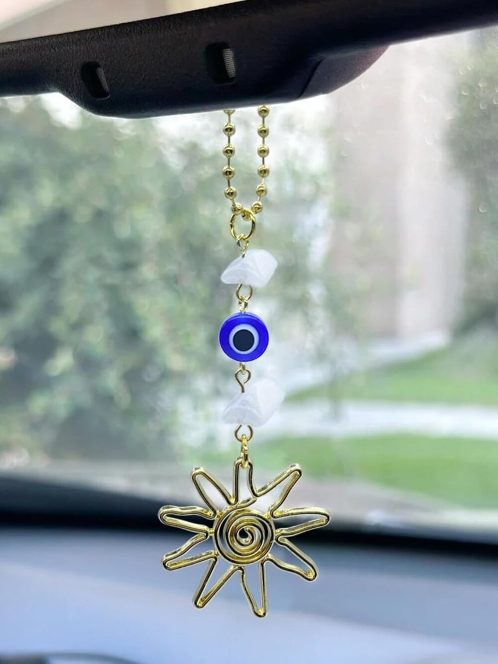 Sun Hanging Car Charm,Gold Rear View Mirror Accessories,Boho Crystals Decor